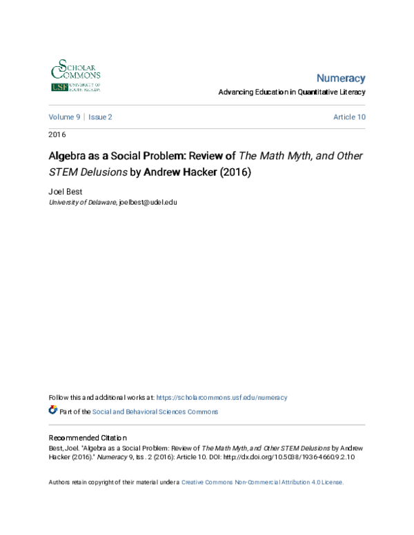(PDF) Algebra as a Social Problem: Review of The Math Myth, and Other ...