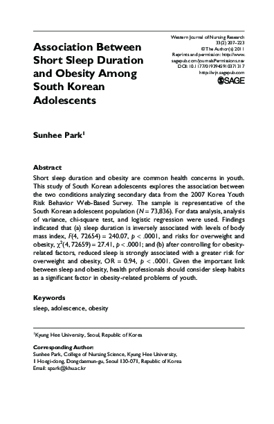 (PDF) Association Between Short Sleep Duration and Obesity Among South ...