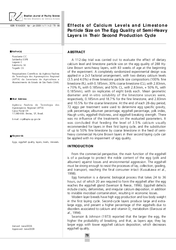 (PDF) Effects of calcium levels and limestone particle size on the egg ...