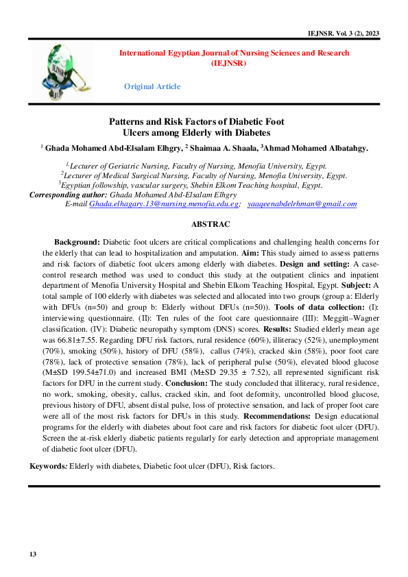 (PDF) Patterns and Risk Factors of Diabetic Foot Ulcers among Elderly ...