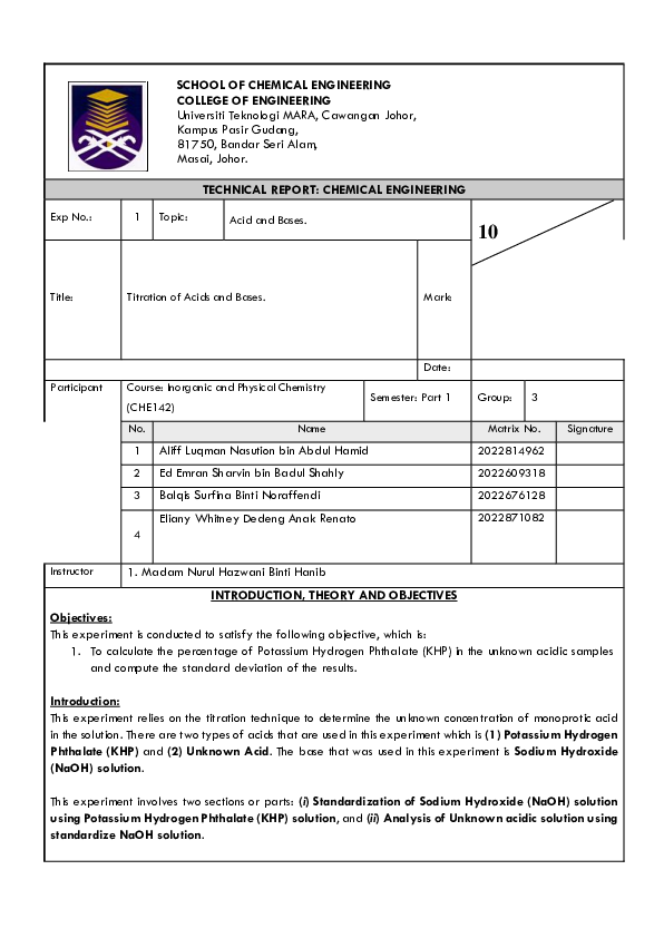 (PDF) TITRATION OF ACID AND BASES LAB REPORT_CHE142 Luqman Nasution
