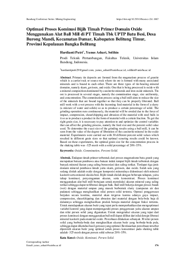 (PDF) Optimasi Proses Kominusi Bijih Timah Primer Domain Oxide ...