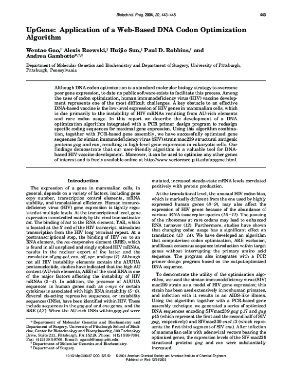 (PDF) UpGene: Application of a Web-Based DNA Codon Optimization Algorithm