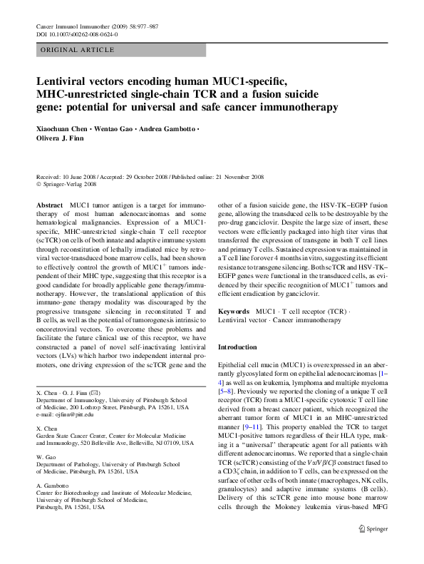 (PDF) Lentiviral vectors encoding human MUC1-specific, MHC-unrestricted ...