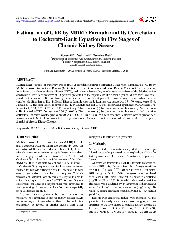 (PDF) Estimation of GFR by MDRD Formula and Its Correlation to
