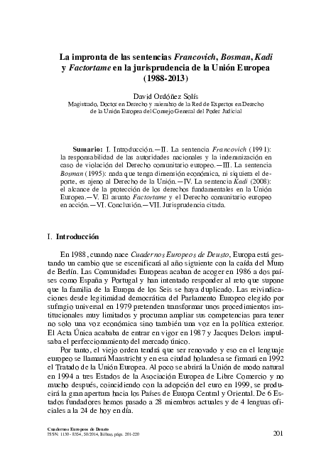 (PDF) La impronta de las sentencias Francovich, Bosman, Kadi y ...