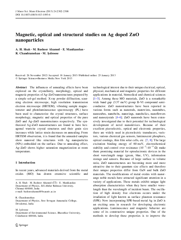 (PDF) Magnetic, optical and structural studies on Ag doped ZnO ...