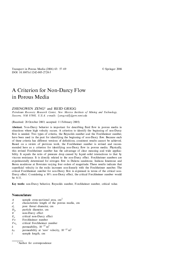 (PDF) A Criterion for Non-Darcy Flow in Porous Media
