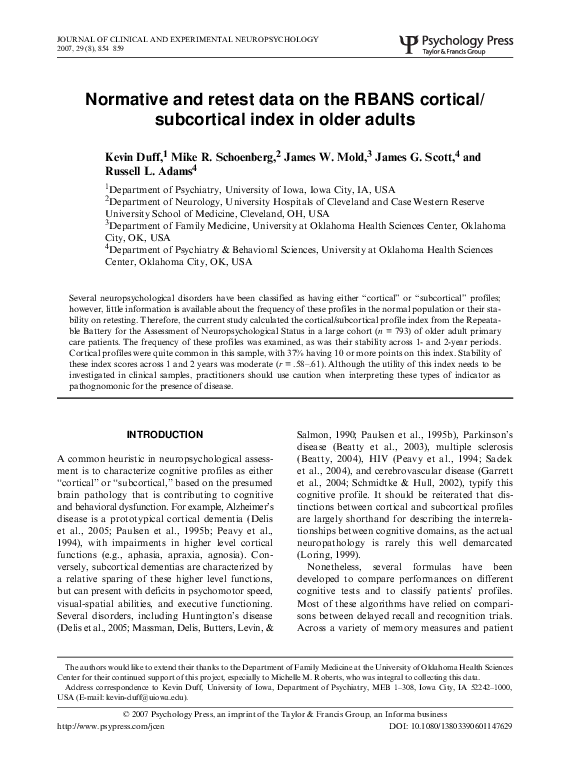 (PDF) Normative and retest data on the RBANS cortical/subcortical index ...