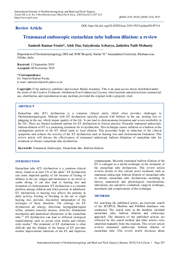 (PDF) Transnasal endoscopic eustachian tube balloon dilation a review