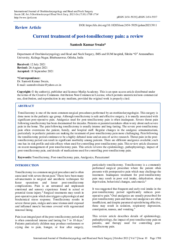 Pdf Current Treatment Of Post Tonsillectomy Pain A Review