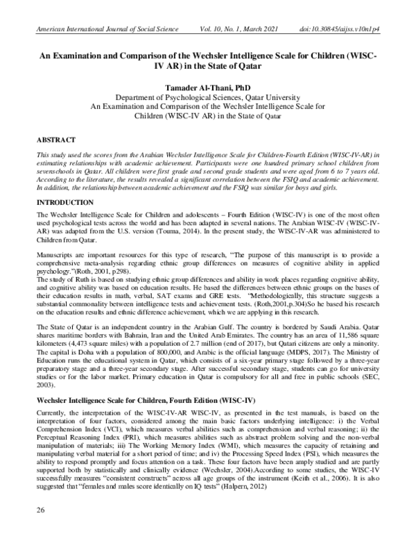(PDF) An Examination and Comparison of the Wechsler Intelligence Scale ...
