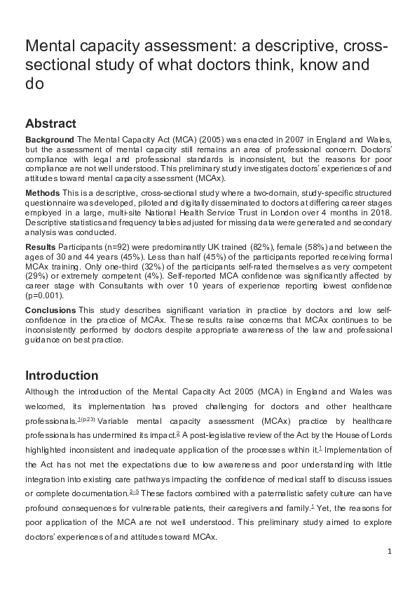 Pdf 182 Mental Capacity Assessment A Descriptive Cross Sectional