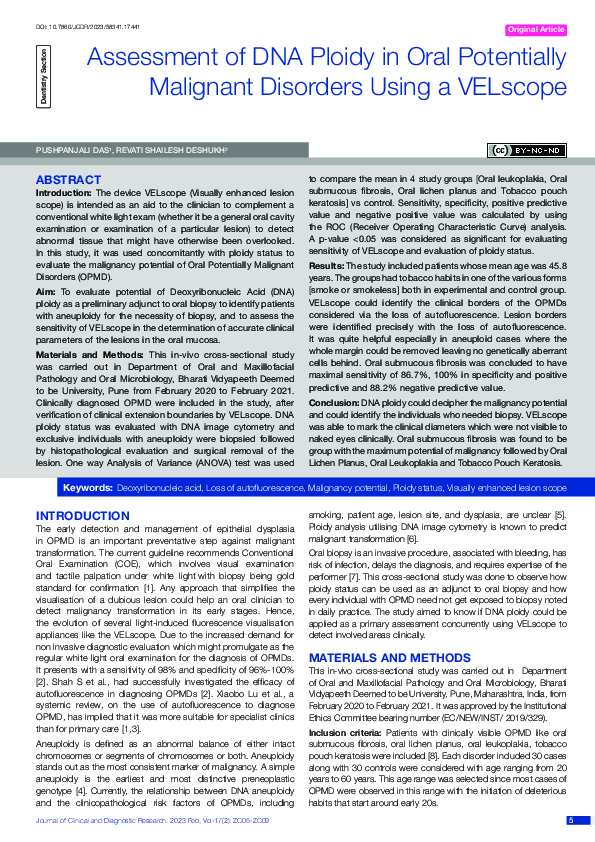 (PDF) Assessment of DNA Ploidy in Oral Potentially Malignant Disorders ...