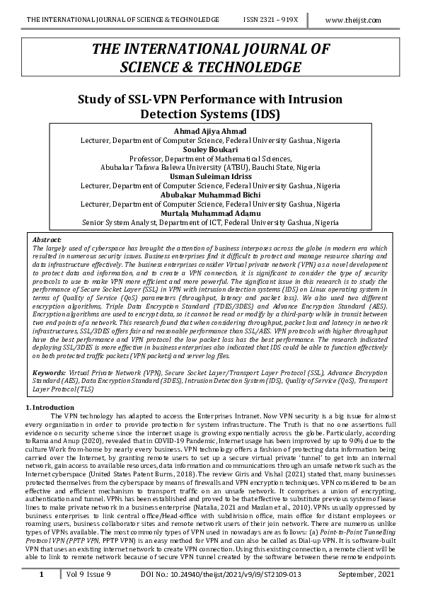 (PDF) Study of SSL-VPN Performance with Intrusion Detection Systems (IDS)