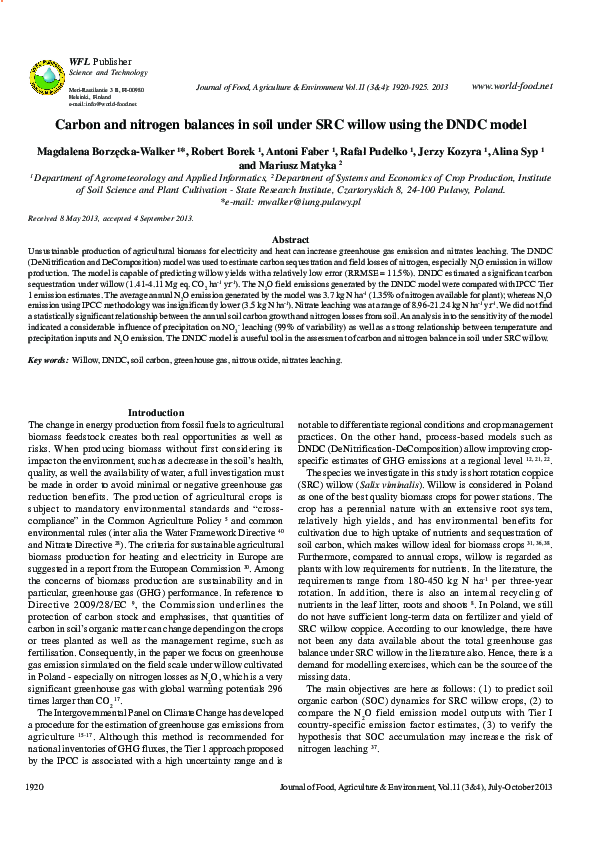 (PDF) Carbon and nitrogen balances in soil under SRC willow using the ...