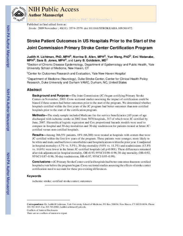 (PDF) Stroke Patient Outcomes in US Hospitals Before the Start of the ...