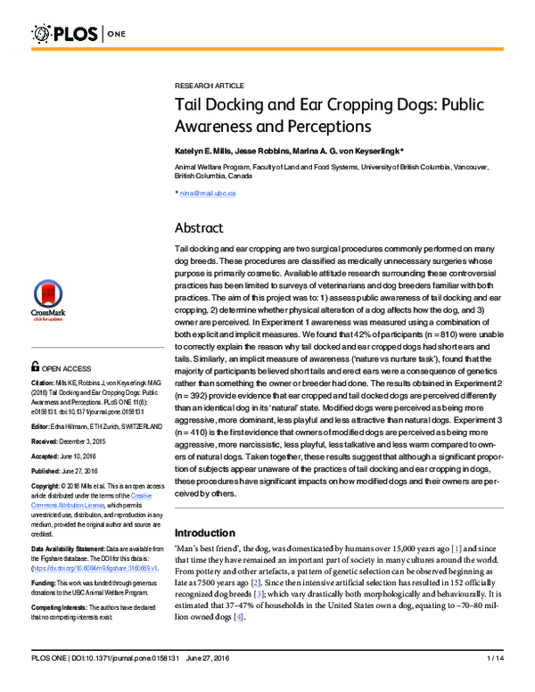 (PDF) Tail Docking and Ear Cropping Dogs Public Awareness and Perceptions Katelyn Mills