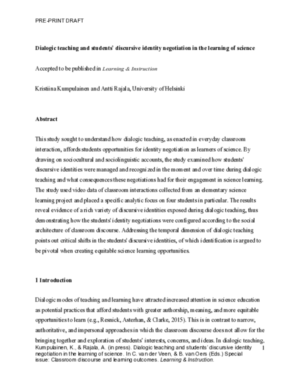 (PDF) Dialogic teaching and students’ discursive identity negotiation ...