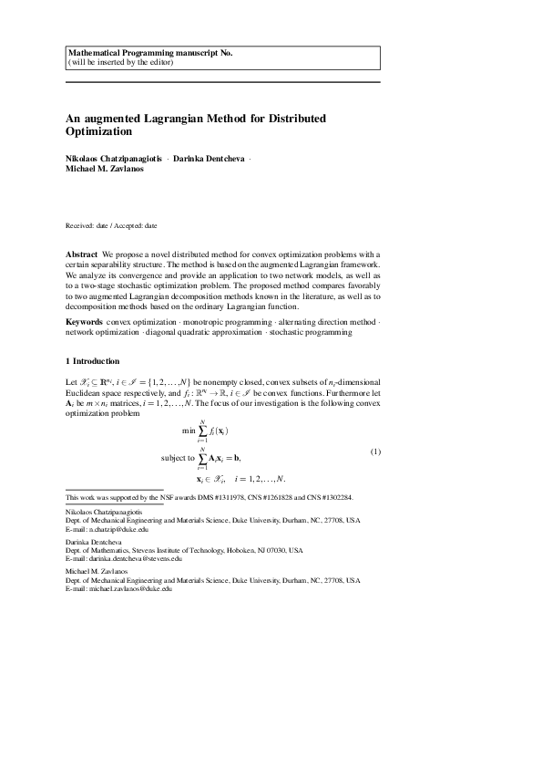 (PDF) An augmented Lagrangian method for distributed optimization