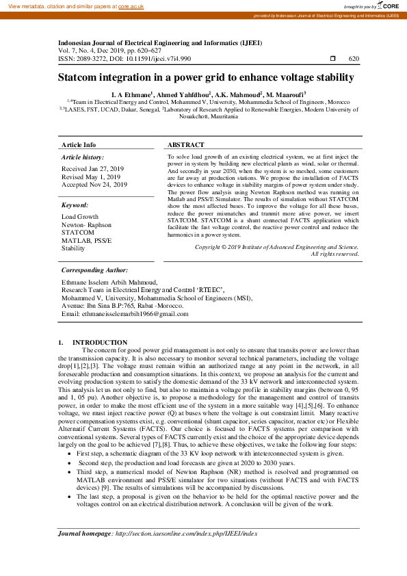 (PDF) Statcom integration in a power grid to enhance voltage stability