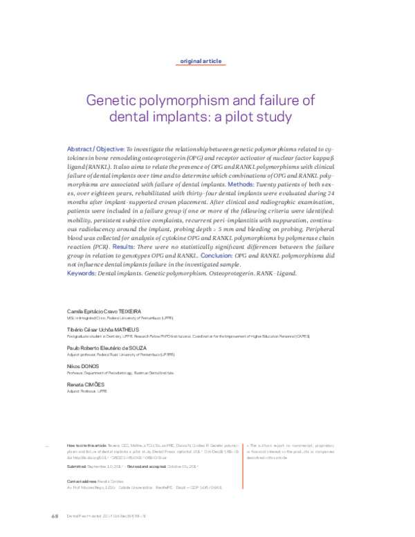 (PDF) Genetic polymorphism and failure of dental implants: a pilot study