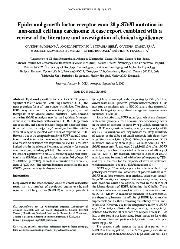 (PDF) Epidermal growth factor receptor exon 20 p.S768I mutation in non ...