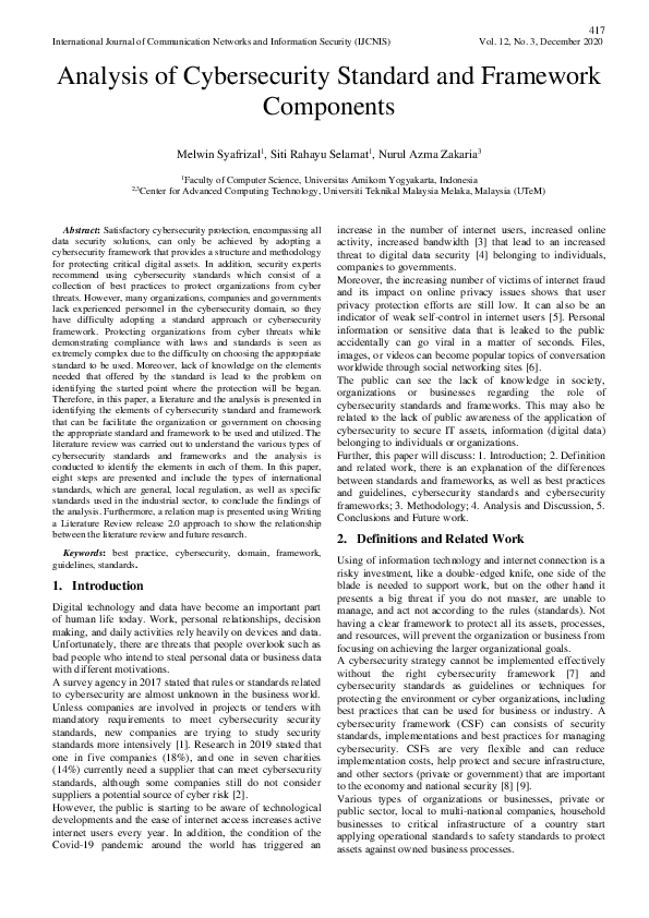 (PDF) Analysis of Cybersecurity Standard and Framework Components