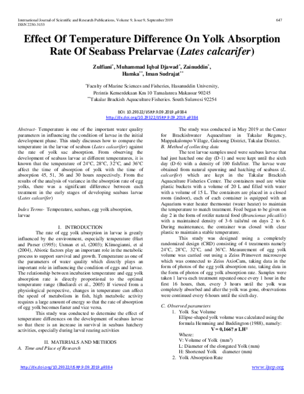 (PDF) Effect Of Temperature Difference On Yolk Absorption Rate Of