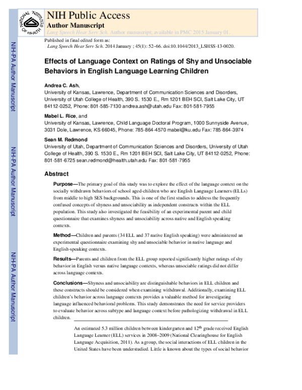 (PDF) Effect of Language Context on Ratings of Shy and Unsociable ...