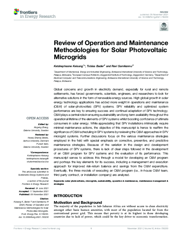 (PDF) Review of Operation and Maintenance Methodologies for Solar ...