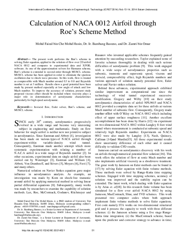 (PDF) Calculation of NACA 0012 Airfoil through Roe's Scheme Method