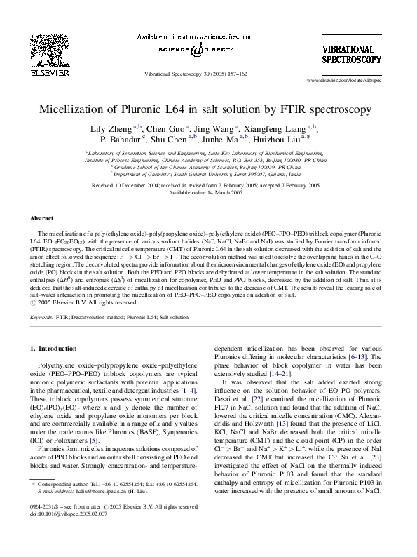 (PDF) Micellization of Pluronic L64 in salt solution by FTIR spectroscopy