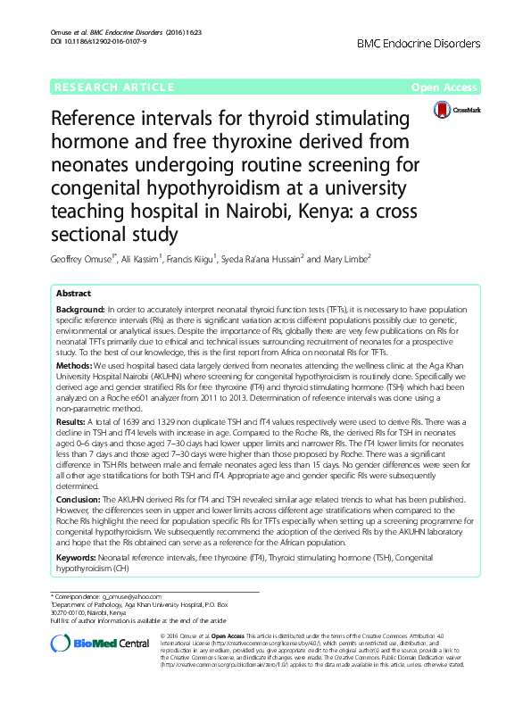 (PDF) Reference intervals for thyroid stimulating hormone and free ...