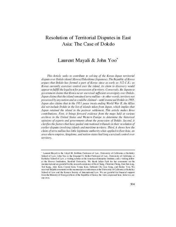 (PDF) Resolution of Territorial Disputes in East Asia: The Case of Dokdo