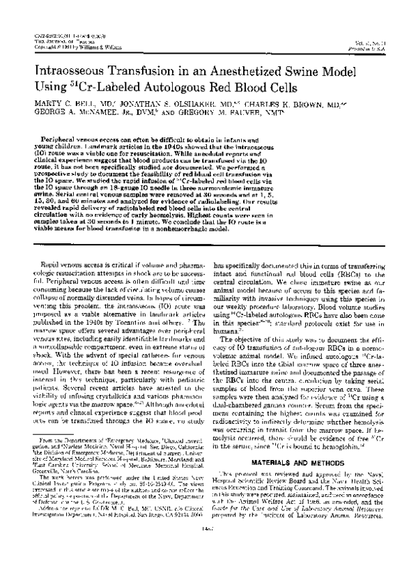 (PDF) Intraosseous Transfusion in an Anesthetized Swine Model Using ...