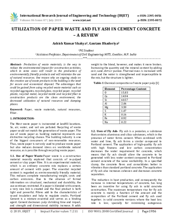 (PDF) Utilization of Paper Waste and Fly Ash in Cement Concrete