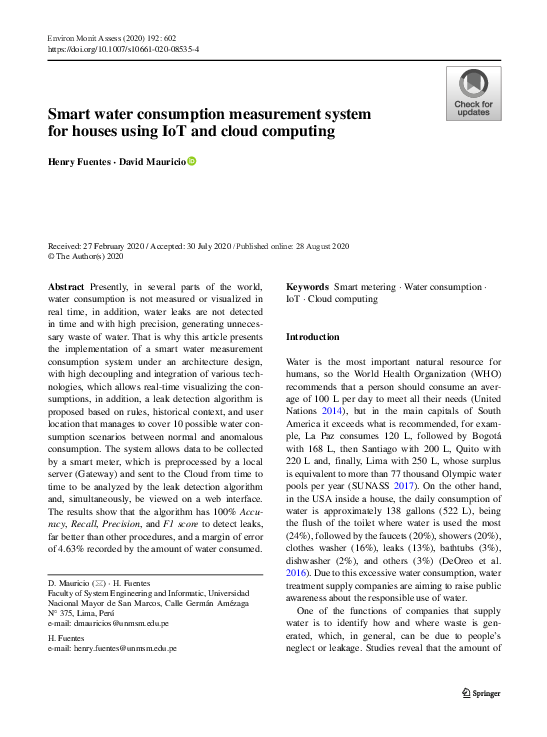 (PDF) Smart water consumption measurement system for houses using IoT ...