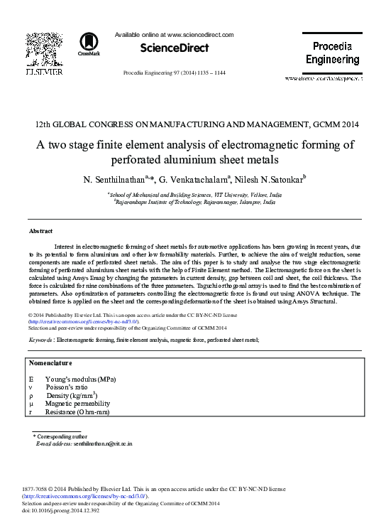 (PDF) A Two Stage Finite Element Analysis of Electromagnetic Forming of ...