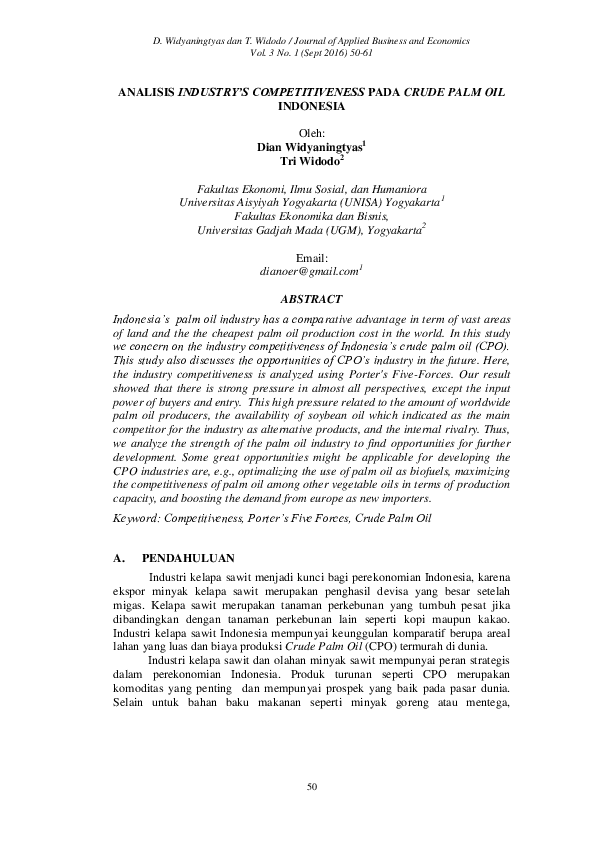 Analisis Industry's Competitiveness pada Crude Palm Oil Indonesia
