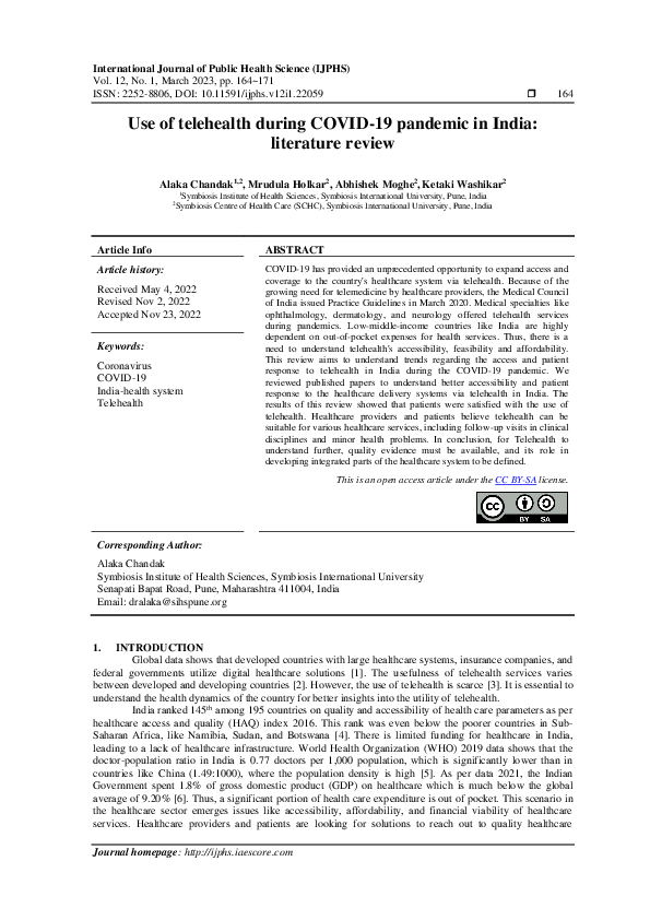 (PDF) Use of telehealth during COVID-19 pandemic in India: literature ...