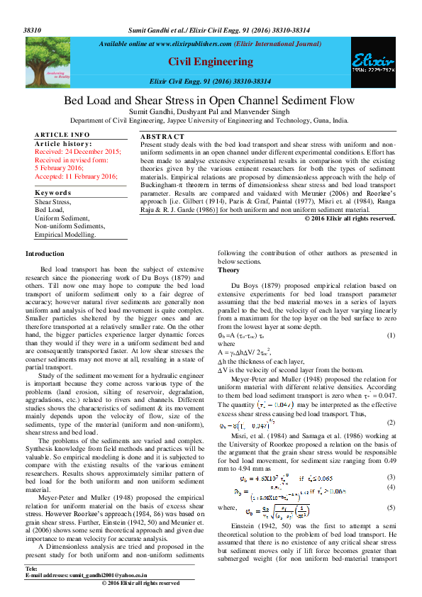 (PDF) Bed Load and Shear Stress in Open Channel Sediment Flow