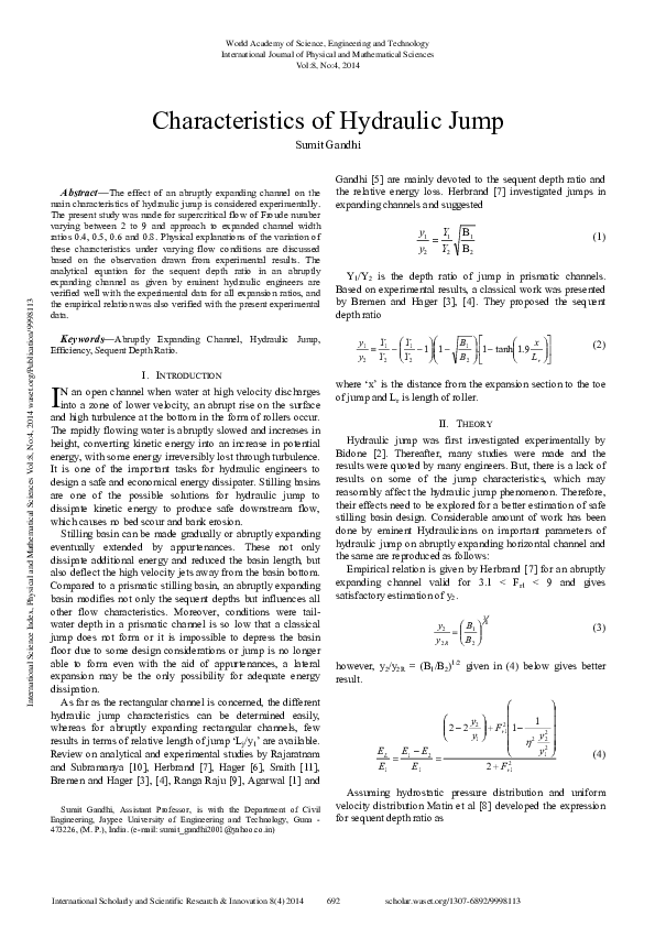 (PDF) Characteristics Of Hydraulic Jump Dr. Sumit Gandhi Academia.edu
