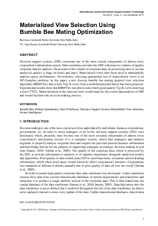 (PDF) Materialized View Selection Using Bumble Bee Mating Optimization