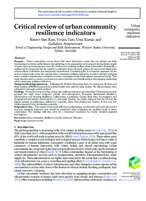 (PDF) Critical review of urban community resilience indicators