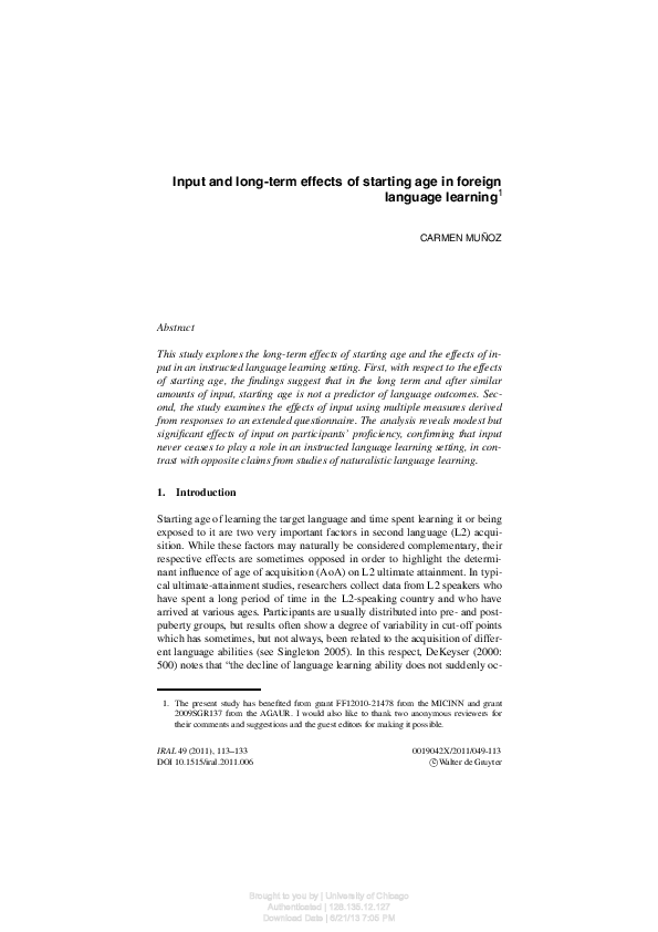 (PDF) Input and long-term effects of starting age in foreign language ...