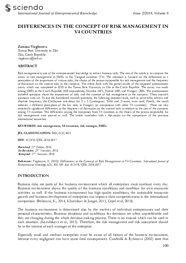 (PDF) Differences in the Concept of Risk Management in V4 Countries
