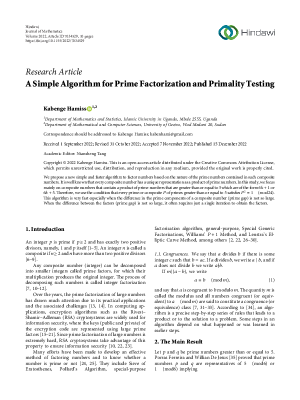 (PDF) A Simple Algorithm for Prime Factorization and Primality Testing