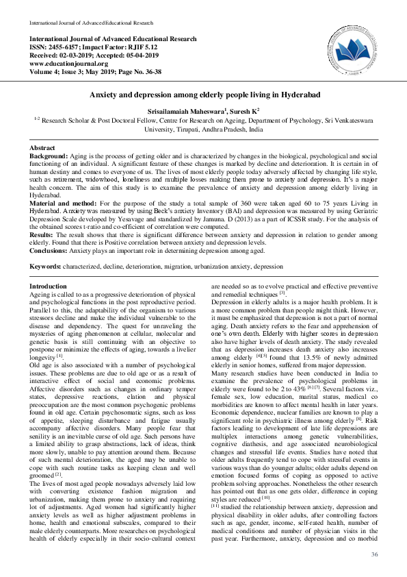 (PDF) Anxiety and depression among elderly people living in Hyderabad