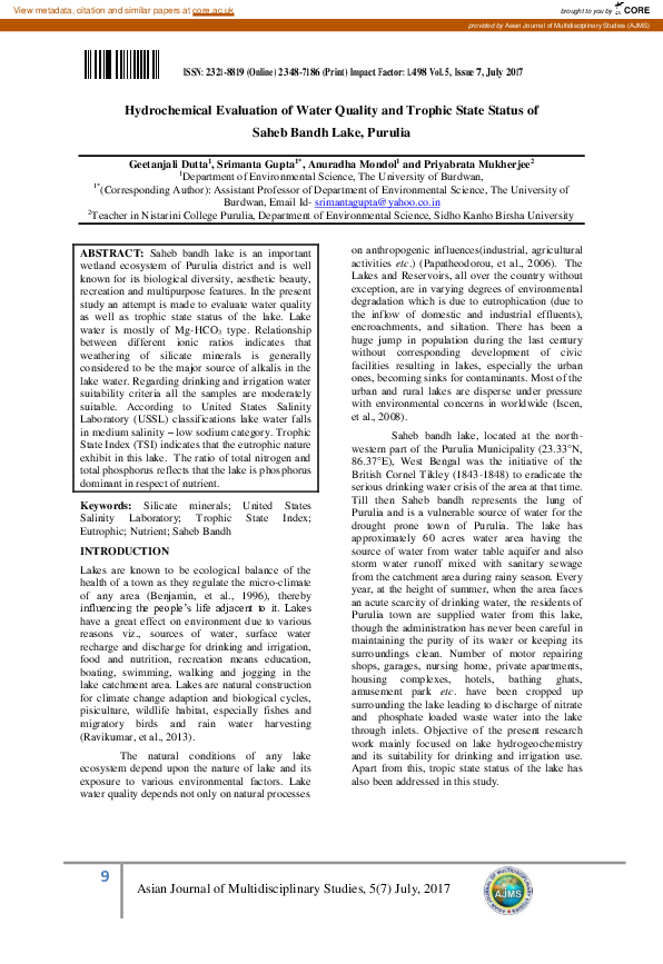 (PDF) Hydrochemical Evaluation of Water Quality and Trophic State ...